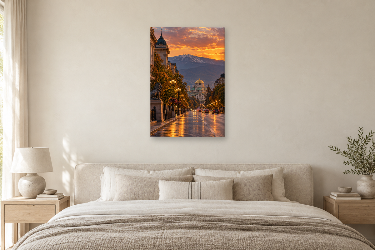 Sofia Evening in a bedroom — interior mockup with the complete original artwork