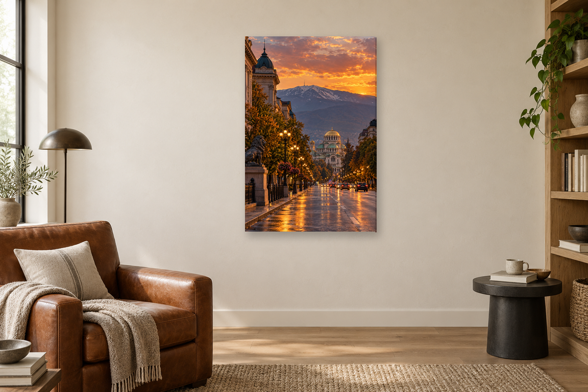 Sofia Evening in a reading corner — interior mockup with the complete original artwork