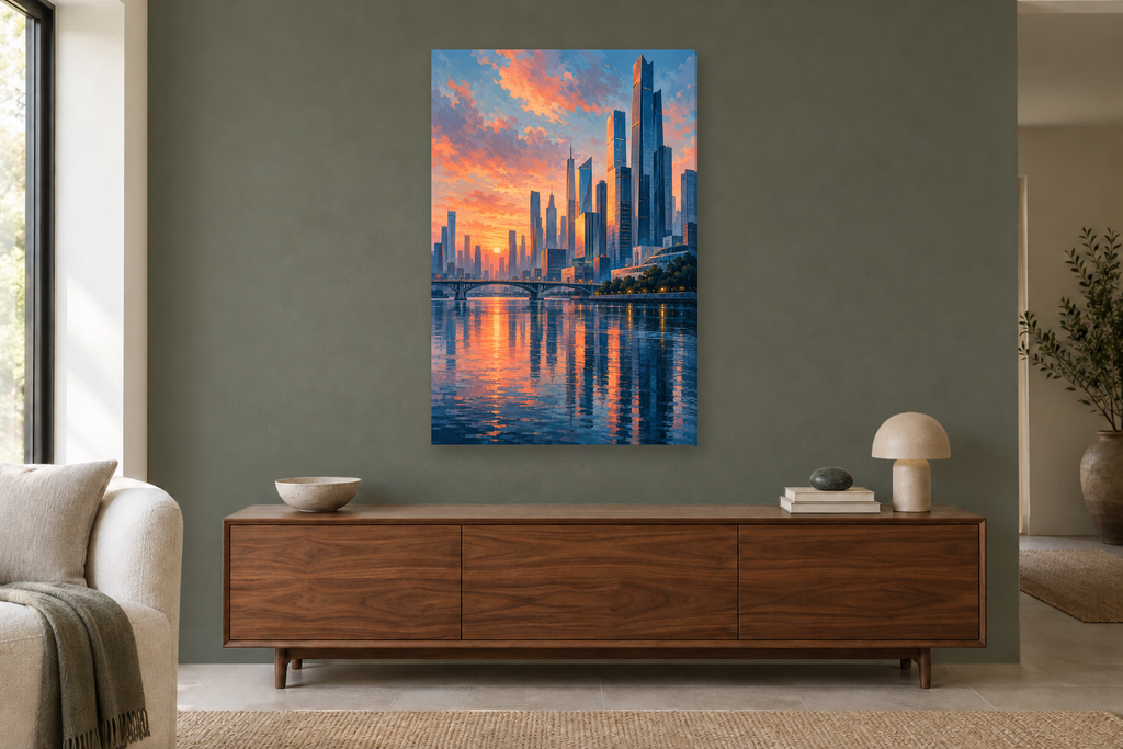 Modern Metropolis in a living room — interior mockup with the complete original artwork