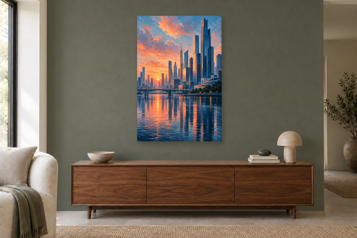 Modern Metropolis in a living room — interior mockup with the complete original artwork