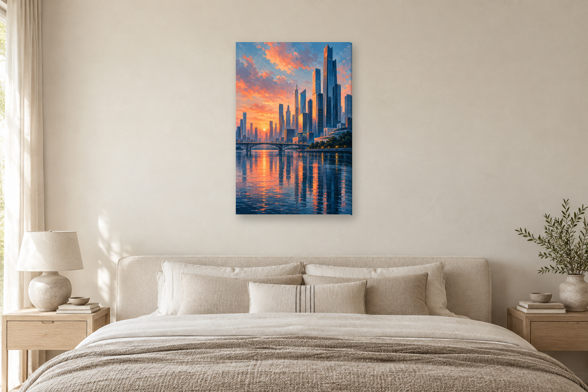 Modern Metropolis in a bedroom — interior mockup with the complete original artwork