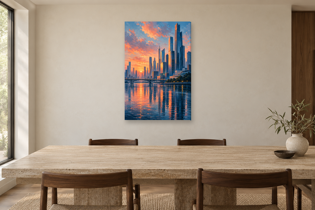 Modern Metropolis in a dining room — interior mockup with the complete original artwork