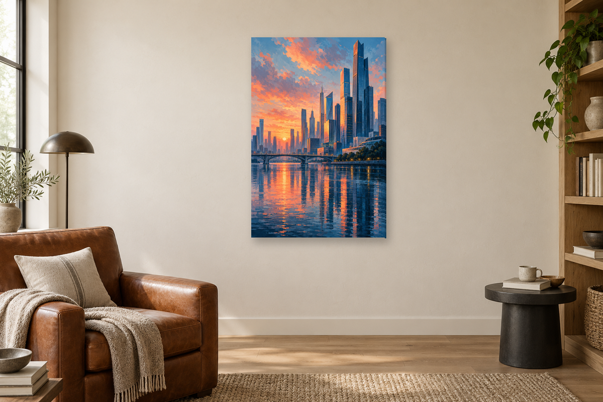 Modern Metropolis in a reading corner — interior mockup with the complete original artwork