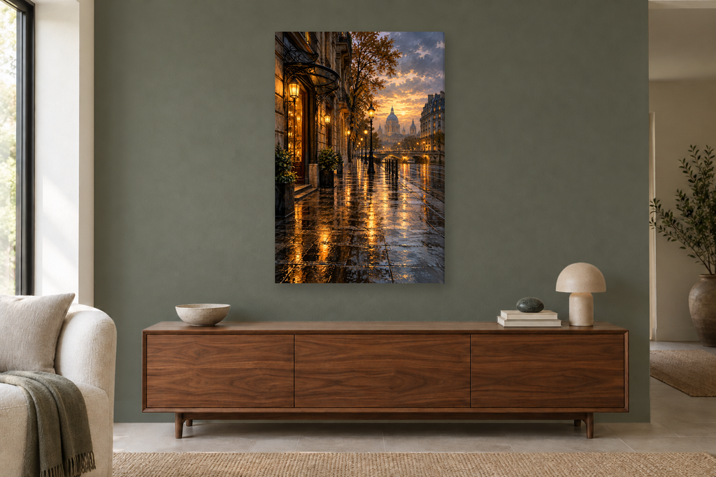 City After Rain in a living room — interior mockup with the complete original artwork