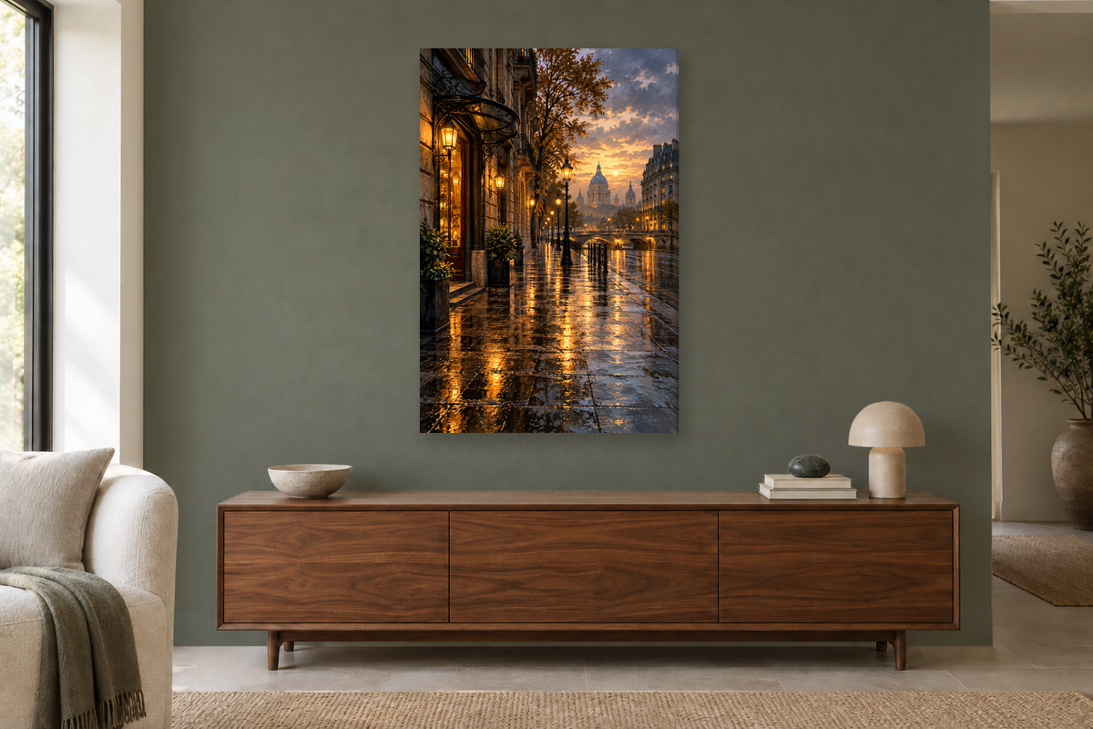 City After Rain in a living room — interior mockup with the complete original artwork