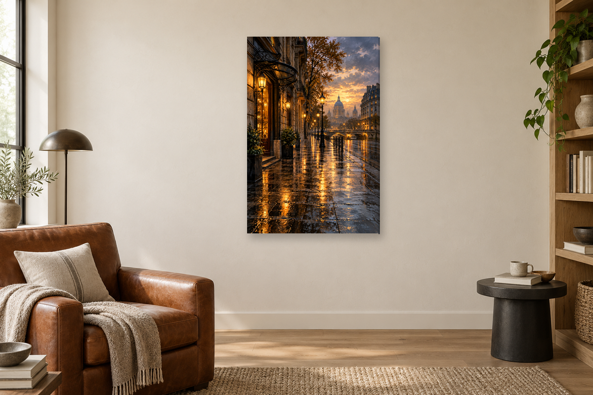 City After Rain in a reading corner — interior mockup with the complete original artwork