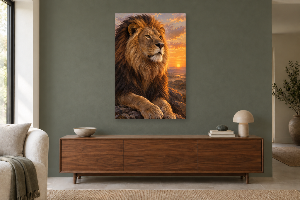 Lion at Dawn in a living room — interior mockup with the complete original artwork