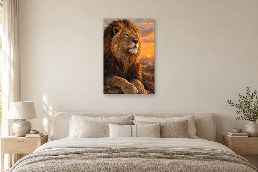 Lion at Dawn in a bedroom — interior mockup with the complete original artwork