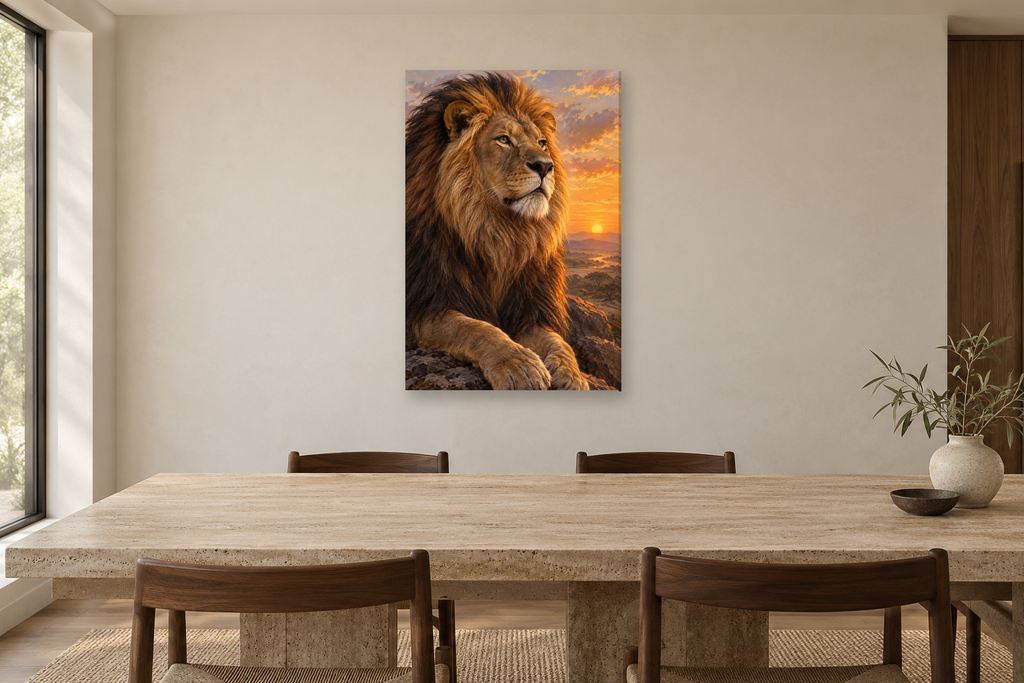 Lion at Dawn in a dining room — interior mockup with the complete original artwork