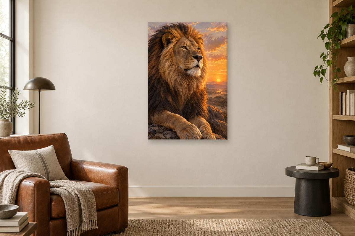 Lion at Dawn in a reading corner — interior mockup with the complete original artwork