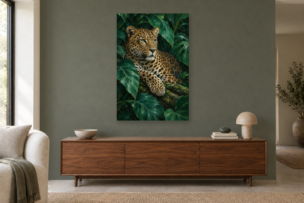 Emerald Leopard in a living room — interior mockup with the complete original artwork