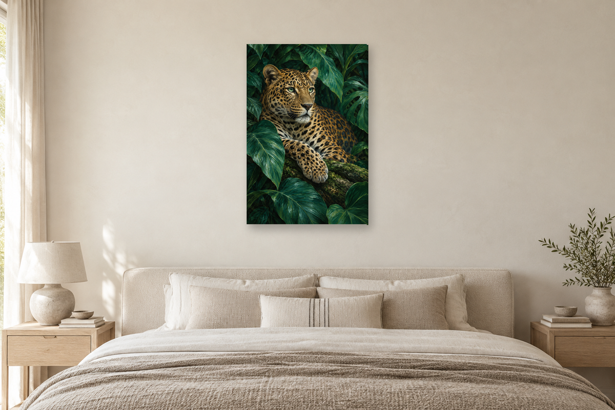 Emerald Leopard in a bedroom — interior mockup with the complete original artwork