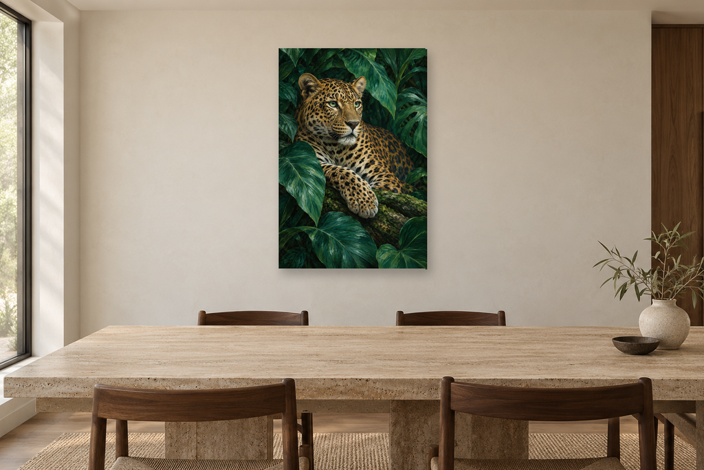 Emerald Leopard in a dining room — interior mockup with the complete original artwork