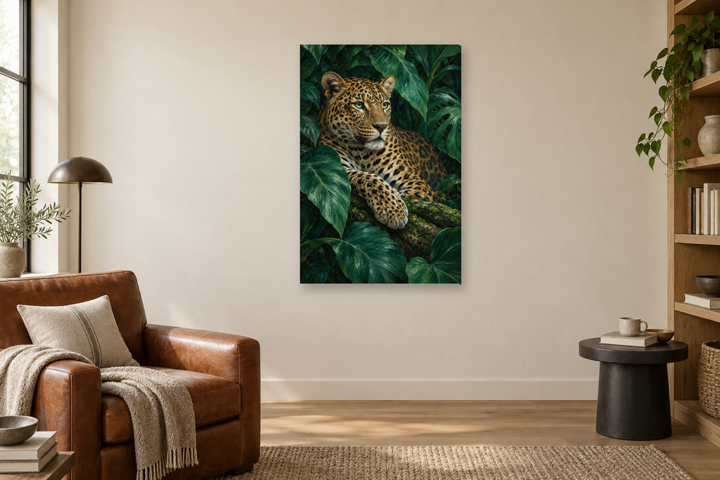 Emerald Leopard in a reading corner — interior mockup with the complete original artwork