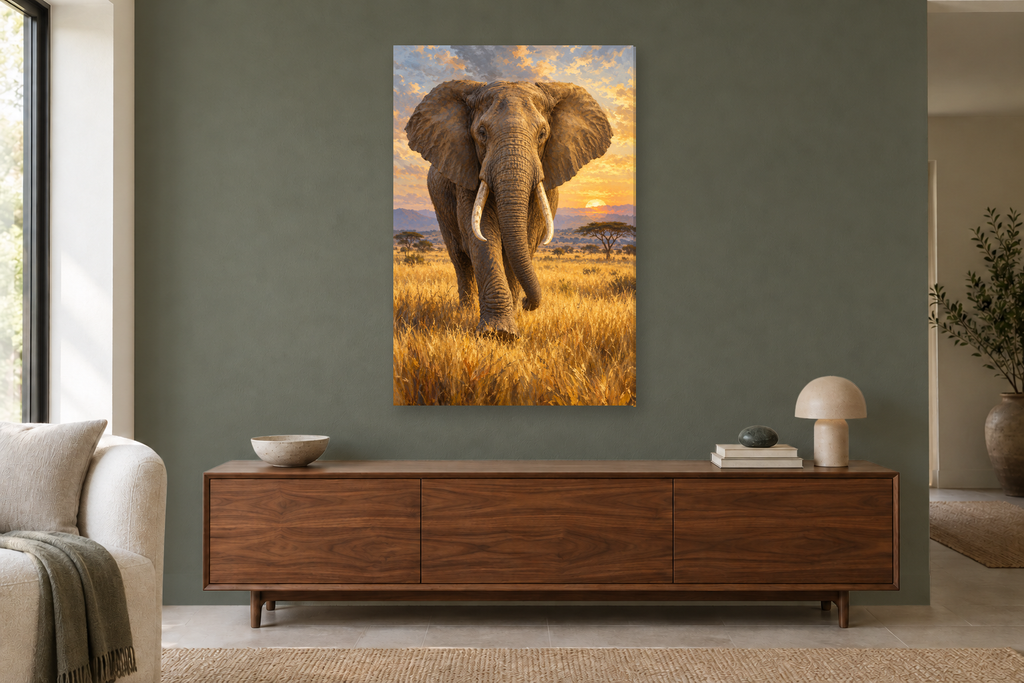 Elephant Walk in a living room — interior mockup with the complete original artwork