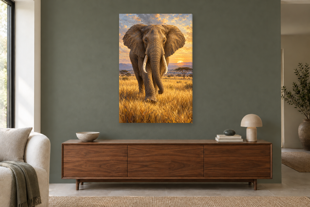 Elephant Walk in a living room — interior mockup with the complete original artwork