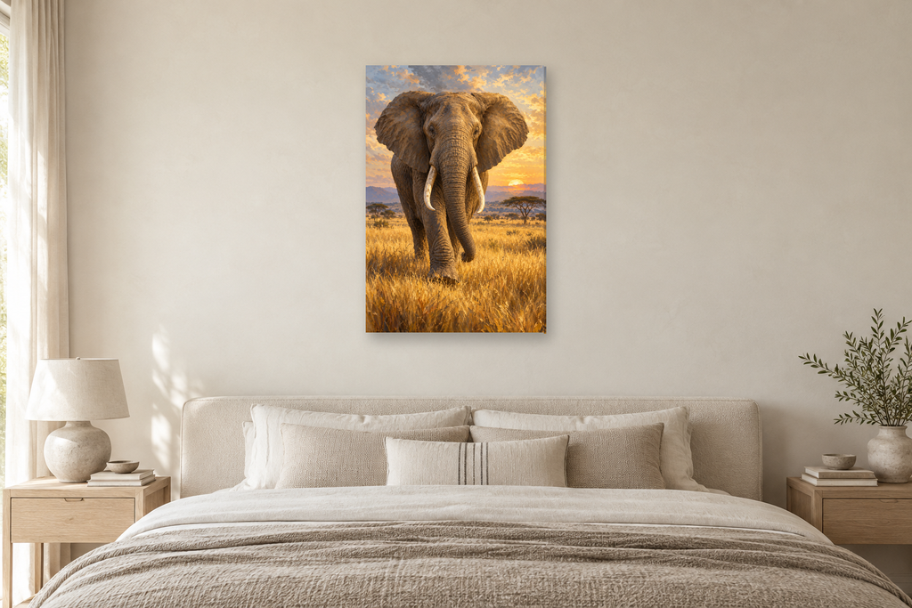 Elephant Walk in a bedroom — interior mockup with the complete original artwork