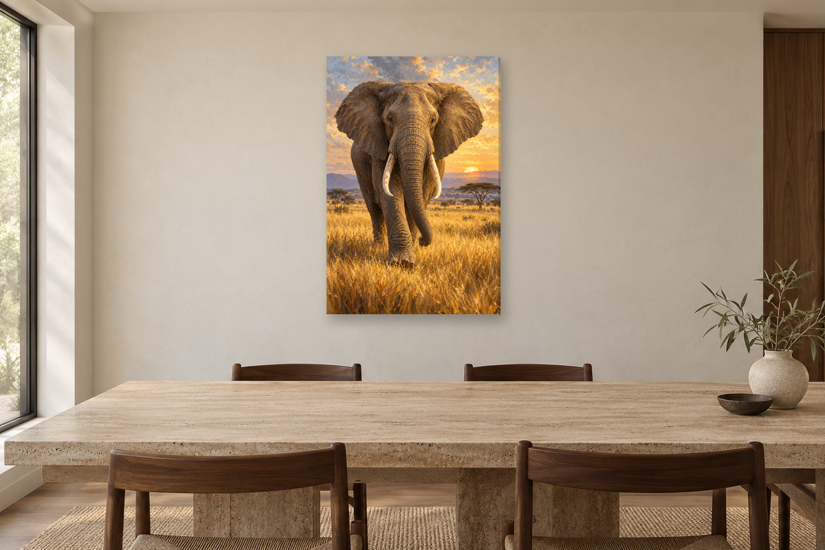 Elephant Walk in a dining room — interior mockup with the complete original artwork