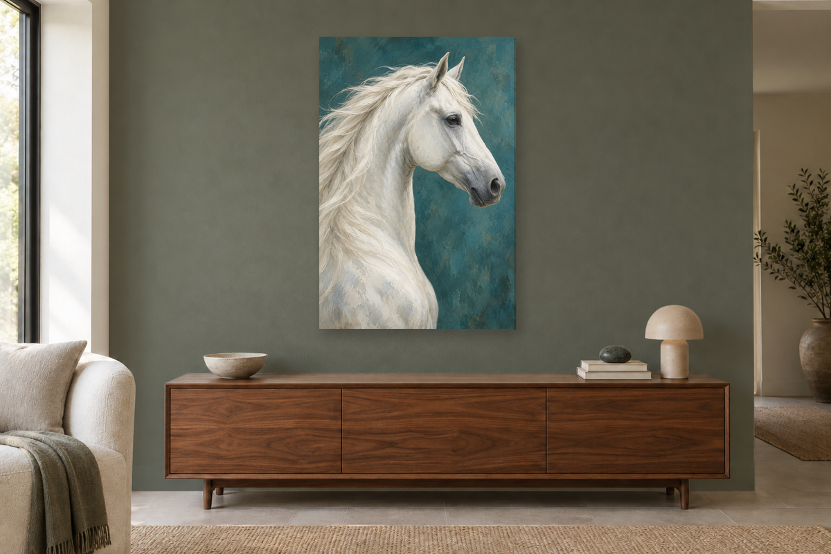 White Horse in a living room — interior mockup with the complete original artwork