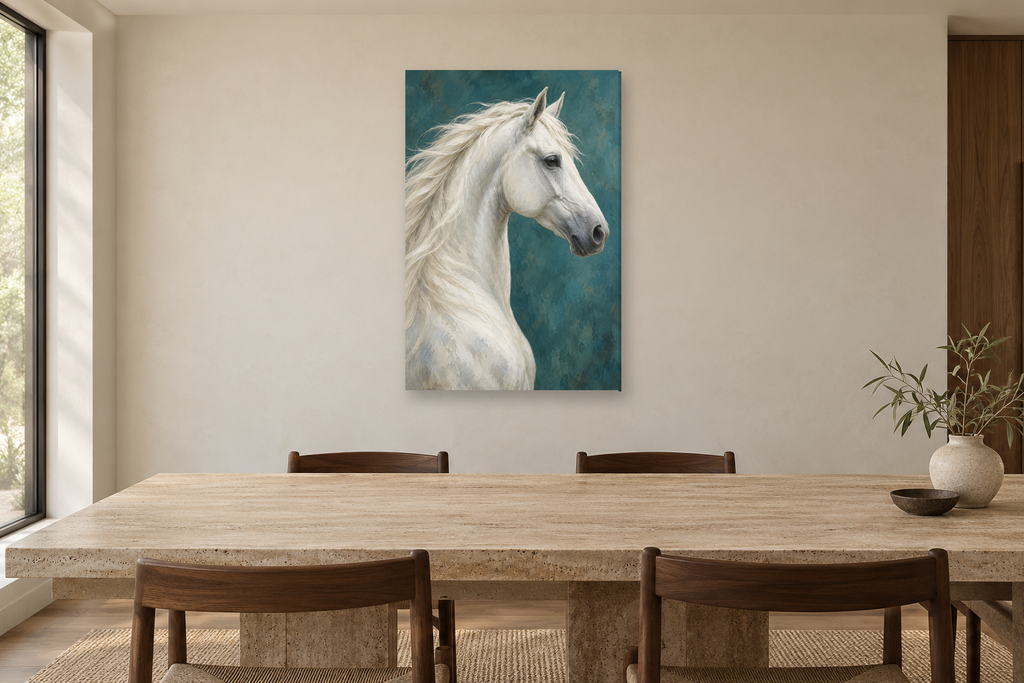 White Horse in a dining room — interior mockup with the complete original artwork