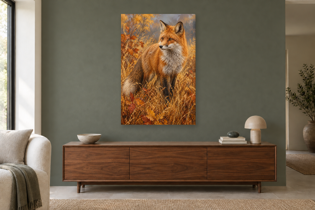 Fox in Autumn in a living room — interior mockup with the complete original artwork