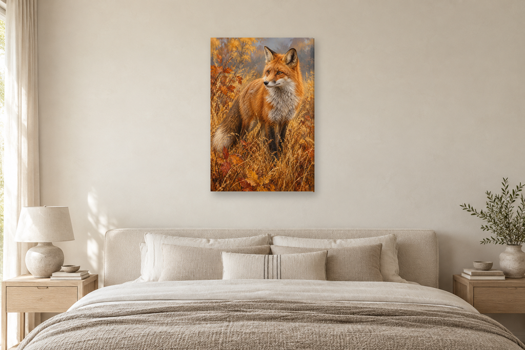 Fox in Autumn in a bedroom — interior mockup with the complete original artwork
