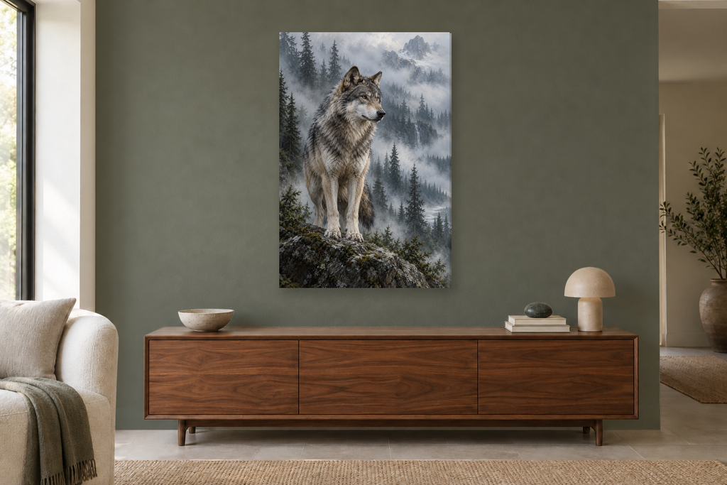Wolf in Mist in a living room — interior mockup with the complete original artwork