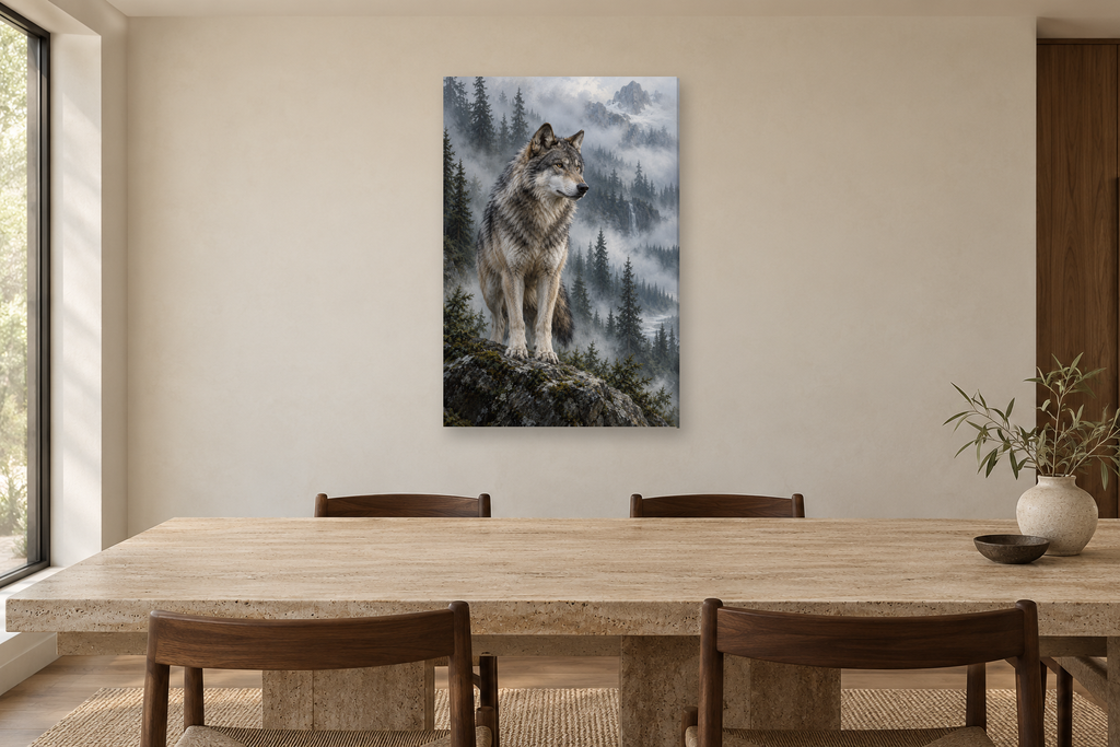 Wolf in Mist in a dining room — interior mockup with the complete original artwork
