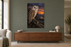 Owl at Dusk in a living room — interior mockup with the complete original artwork
