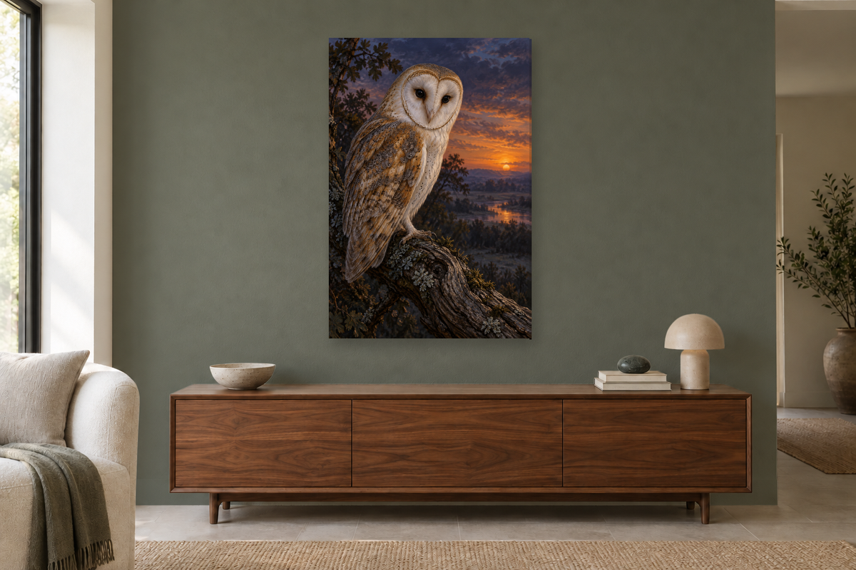 Owl at Dusk in a living room — interior mockup with the complete original artwork