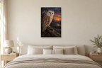 Owl at Dusk in a bedroom — interior mockup with the complete original artwork