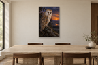 Owl at Dusk in a dining room — interior mockup with the complete original artwork