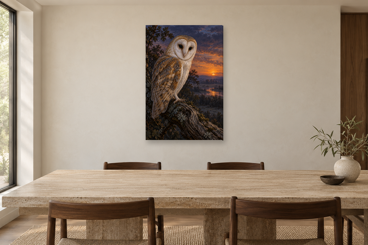 Owl at Dusk in a dining room — interior mockup with the complete original artwork