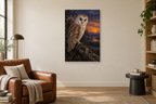 Owl at Dusk in a reading corner — interior mockup with the complete original artwork