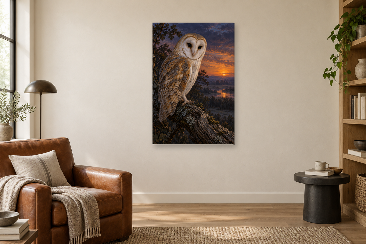 Owl at Dusk in a reading corner — interior mockup with the complete original artwork
