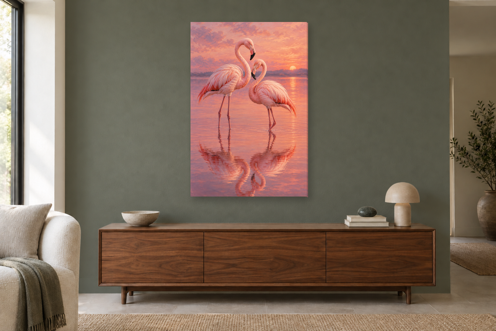 Flamingo Grace in a living room — interior mockup with the complete original artwork