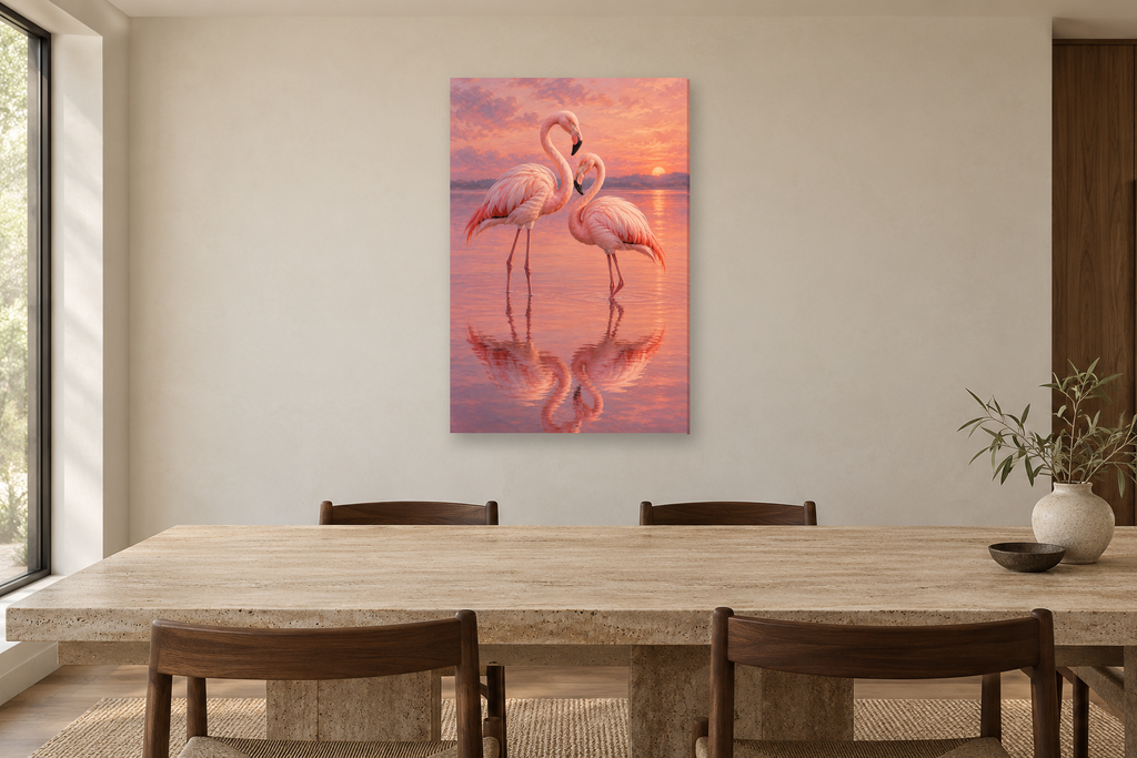 Flamingo Grace in a dining room — interior mockup with the complete original artwork