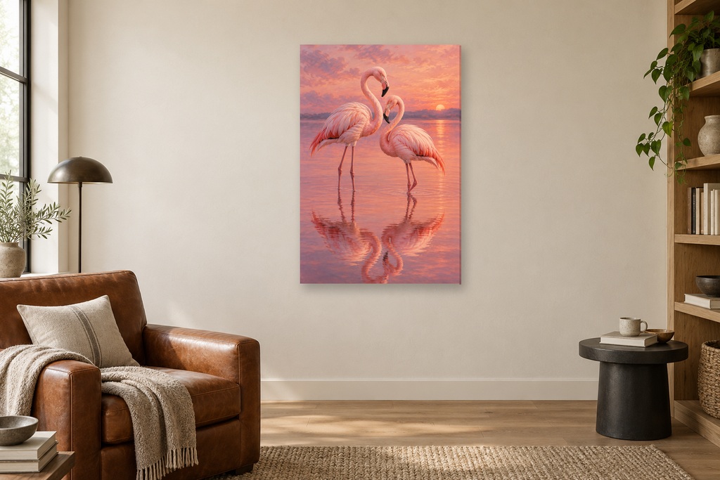 Flamingo Grace in a reading corner — interior mockup with the complete original artwork