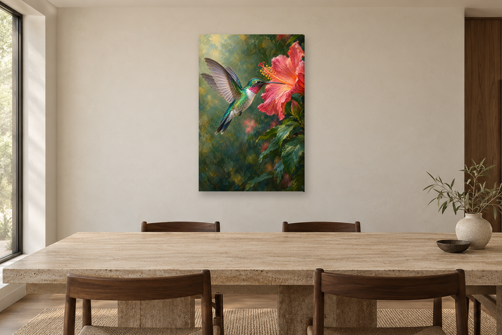 Hummingbird Jewel in a dining room — interior mockup with the complete original artwork