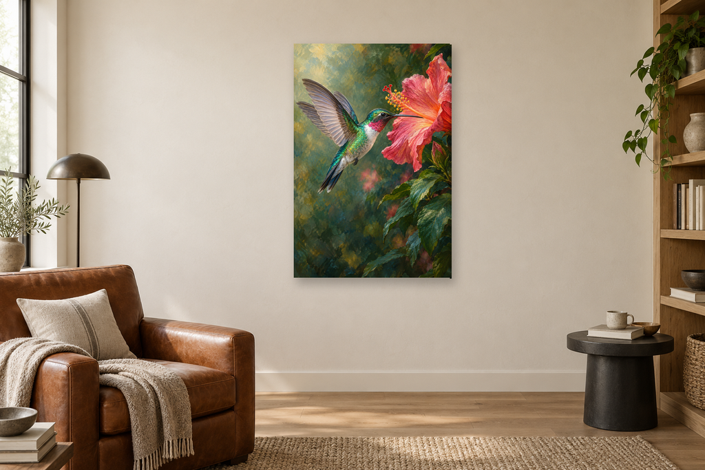 Hummingbird Jewel in a reading corner — interior mockup with the complete original artwork