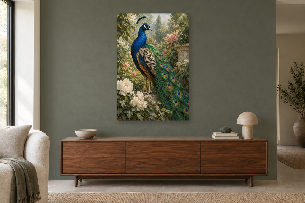 Peacock Garden in a living room — interior mockup with the complete original artwork