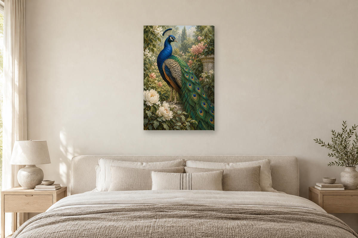 Peacock Garden in a bedroom — interior mockup with the complete original artwork