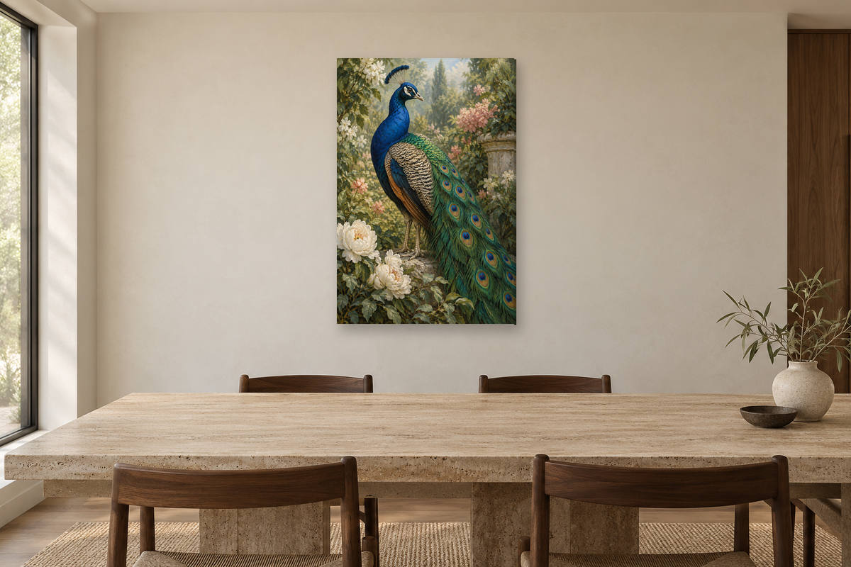 Peacock Garden in a dining room — interior mockup with the complete original artwork