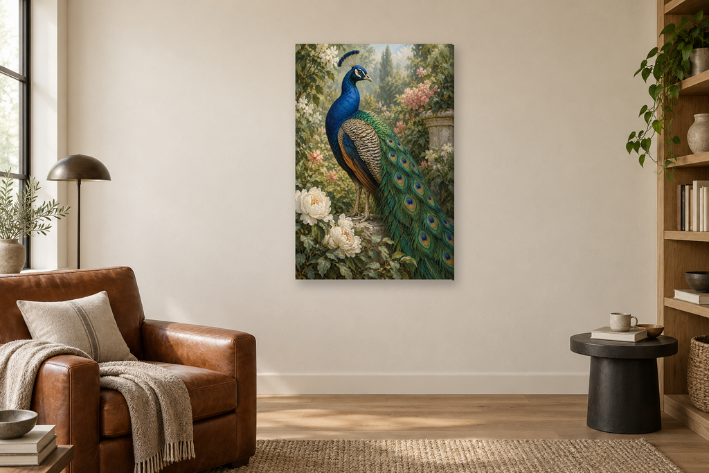 Peacock Garden in a reading corner — interior mockup with the complete original artwork