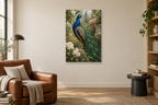 Peacock Garden in a reading corner — interior mockup with the complete original artwork