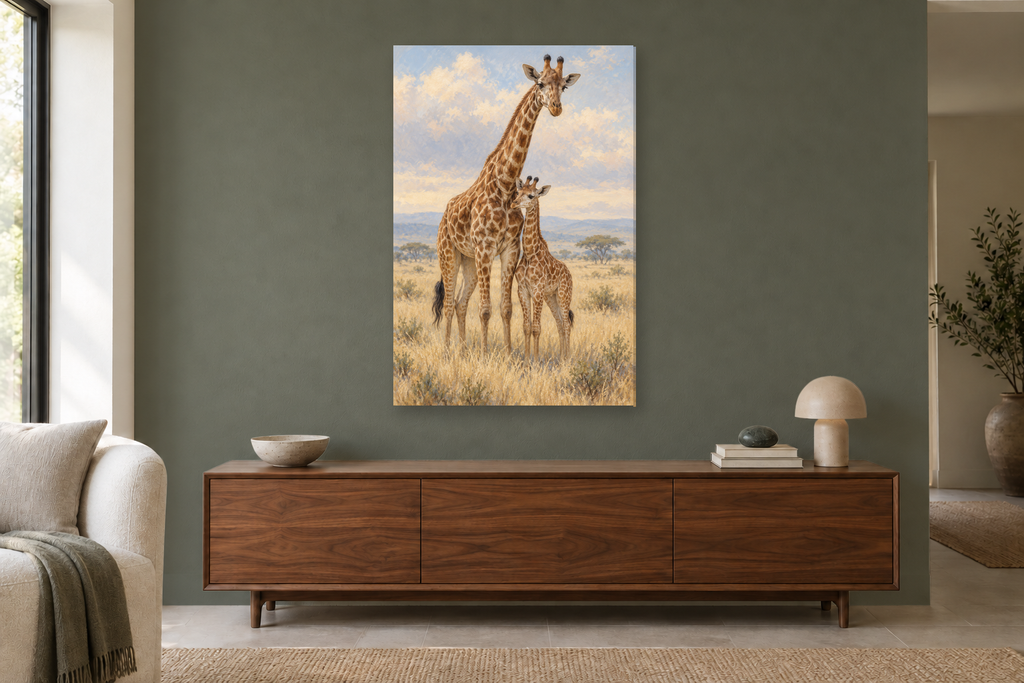 Giraffe Pair in a living room — interior mockup with the complete original artwork