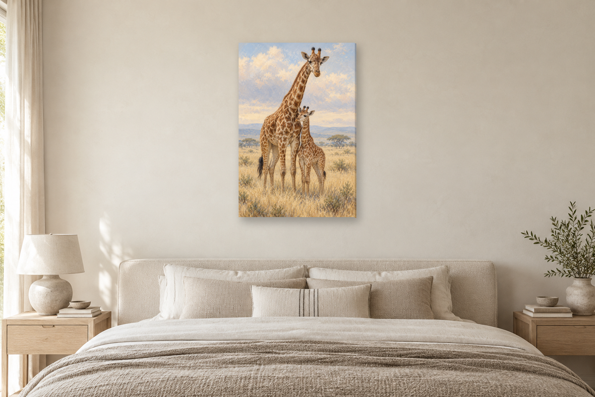 Giraffe Pair in a bedroom — interior mockup with the complete original artwork
