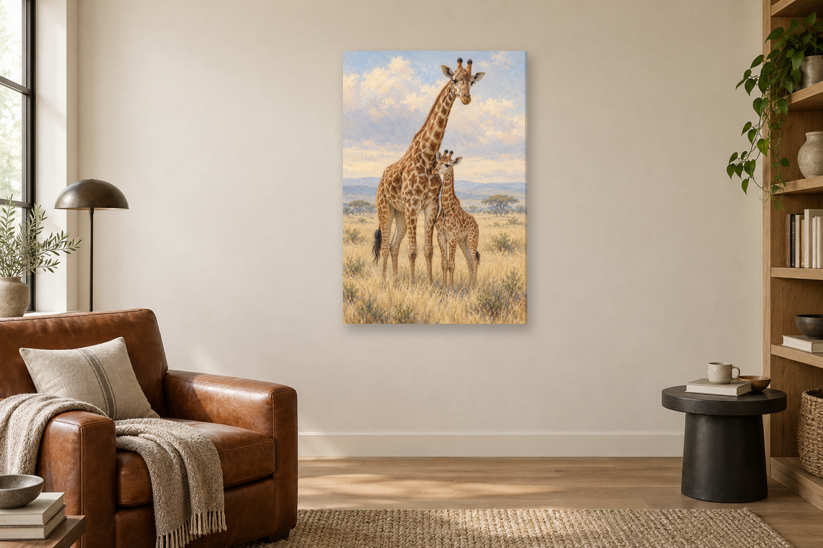 Giraffe Pair in a reading corner — interior mockup with the complete original artwork