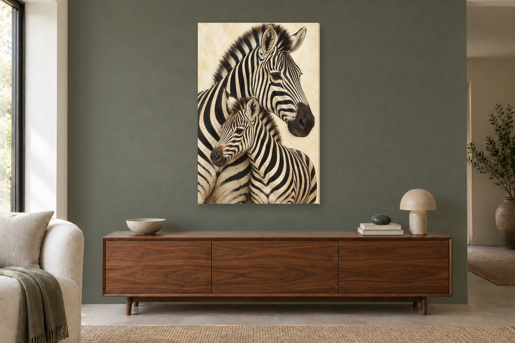 Zebra Rhythm in a living room — interior mockup with the complete original artwork