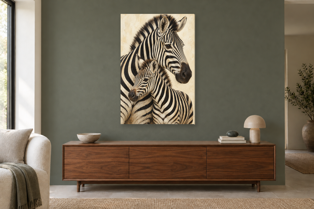 Zebra Rhythm in a living room — interior mockup with the complete original artwork